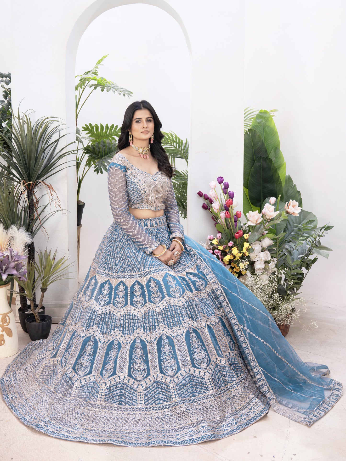 Wonderful Blue Embroidered Net Designer Lehenga Choli