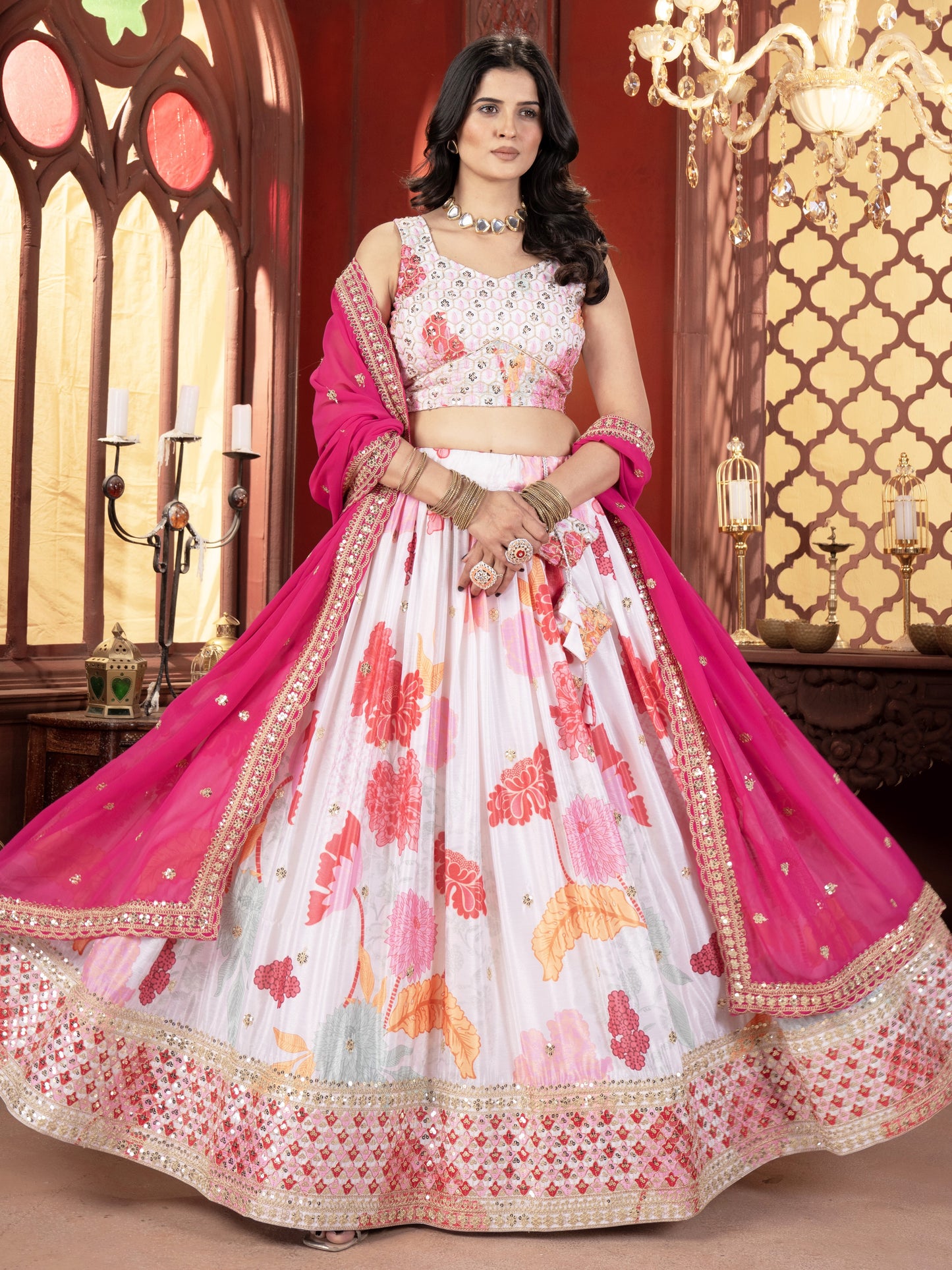 Beautiful White Floral Printed Chinon Bridesmaid Lehenga Choli