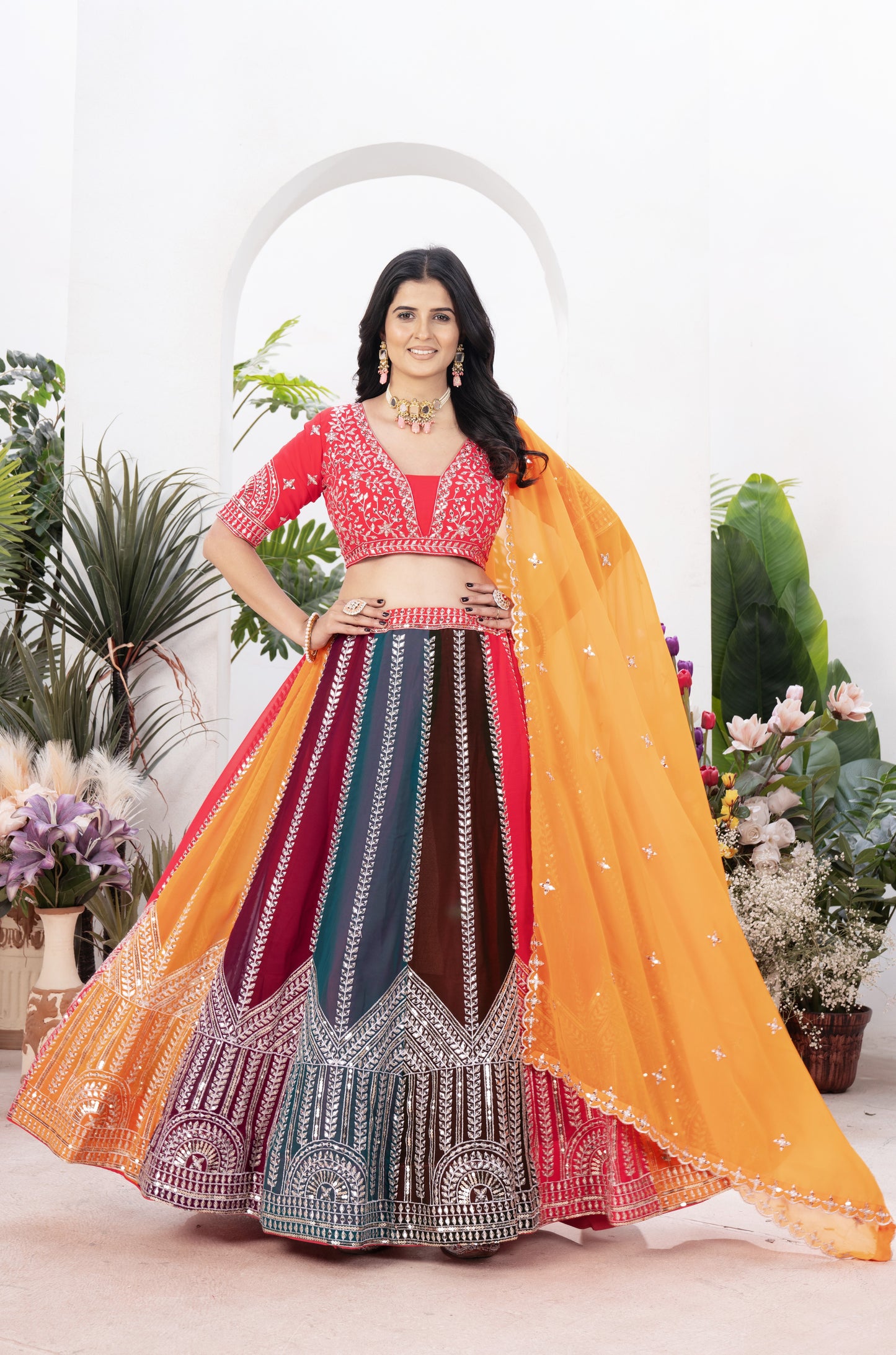 Attractive Multicolor Embroidered Georgette Lehenga Choli