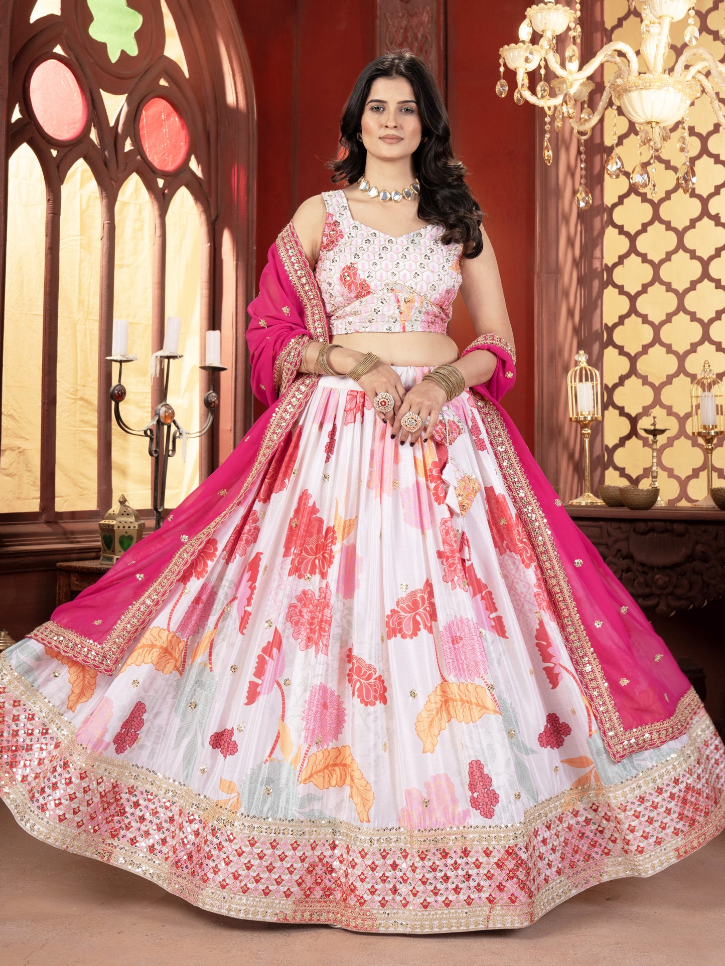 Beautiful White Floral Printed Chinon Bridesmaid Lehenga Choli