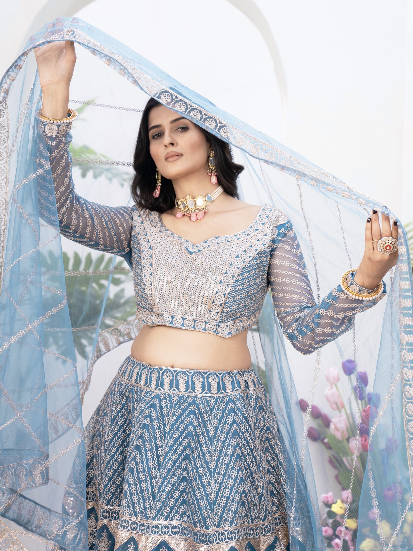 Wonderful Blue Embroidered Net Designer Lehenga Choli