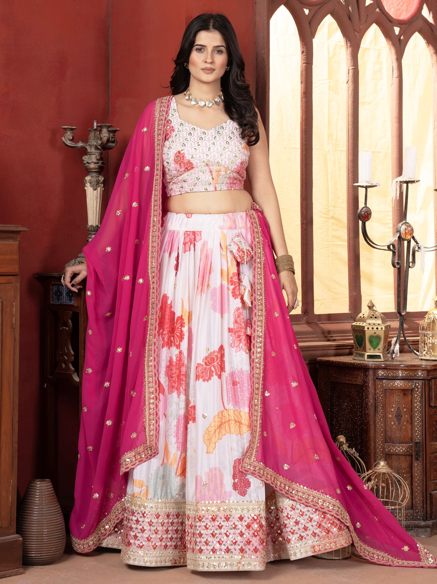 Beautiful White Floral Printed Chinon Bridesmaid Lehenga Choli