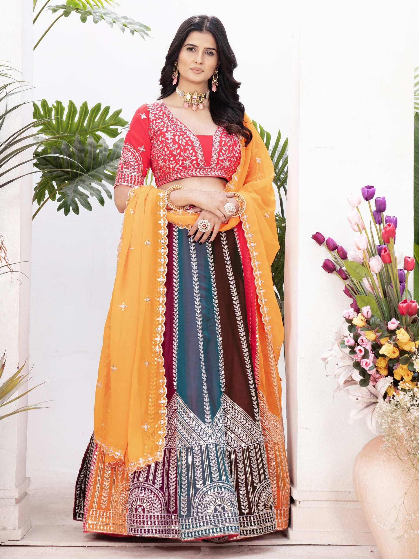 Attractive Multicolor Embroidered Georgette Lehenga Choli