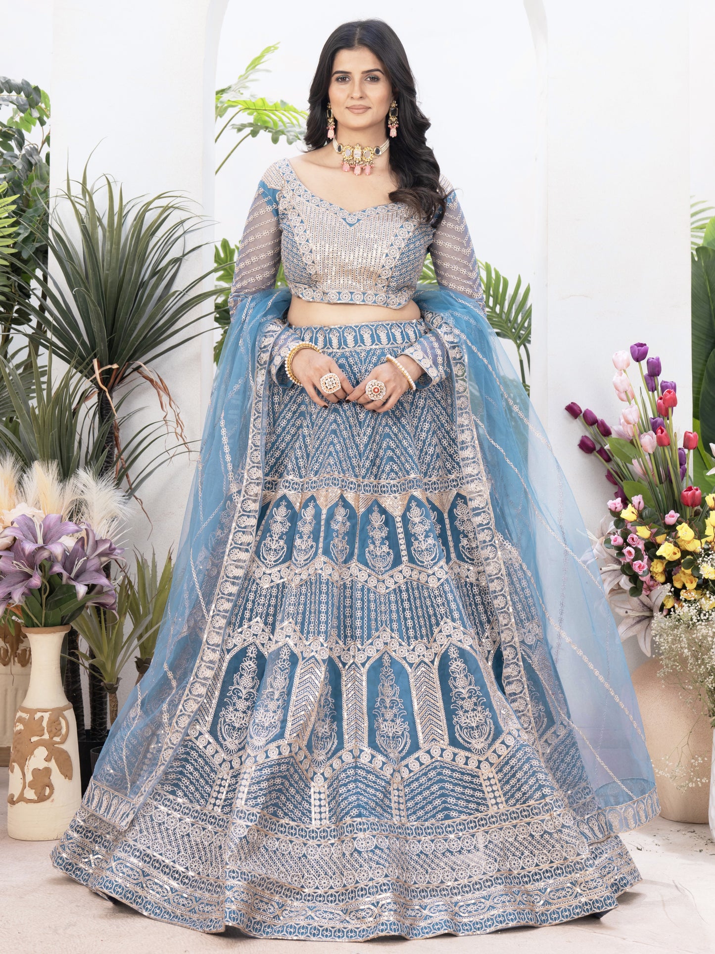 Wonderful Blue Embroidered Net Designer Lehenga Choli