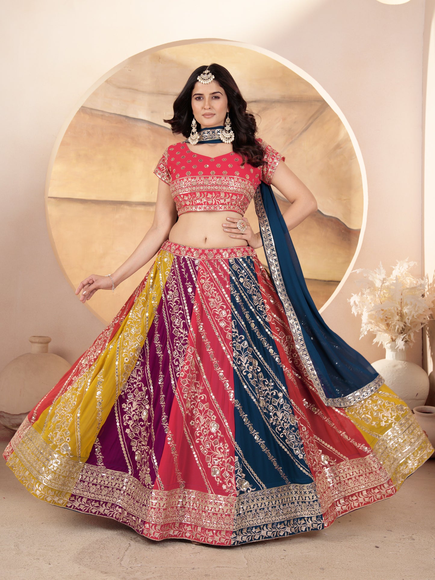 Pretty Multicolor Embroidered Georgette Designer Lehenga Choli