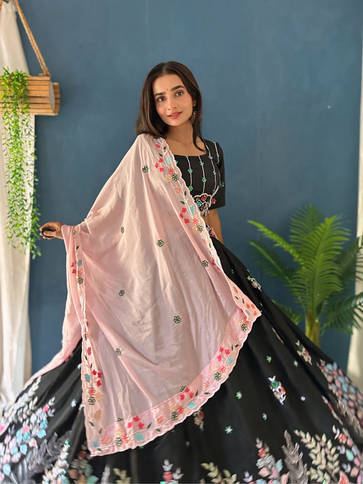 Attractive Black Thread Embroidered Chinon Silk Reception Lehenga Choli