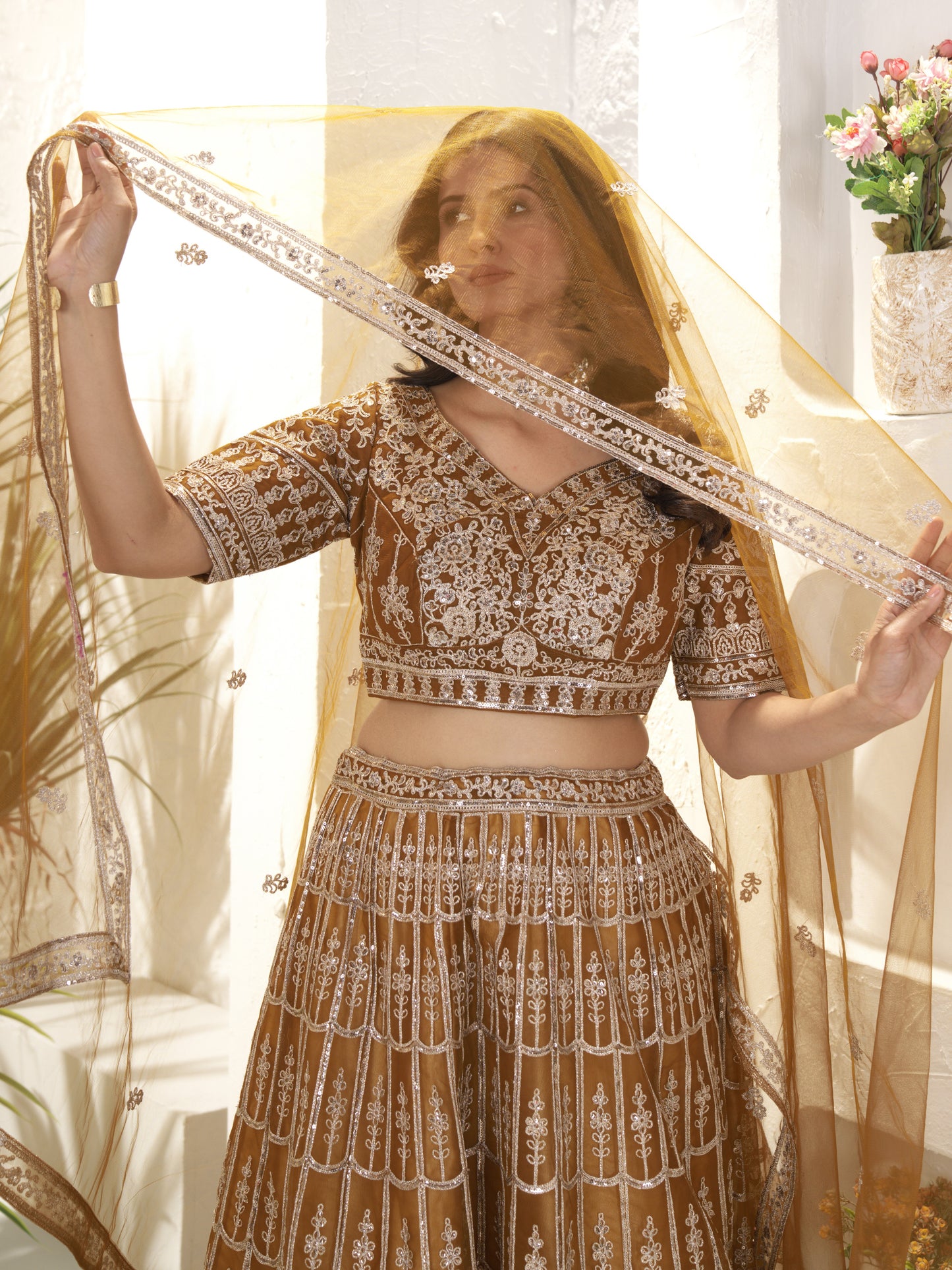 Precious Brown Heavy Embroidered Net Engagement Lehenga Choli