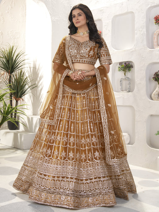 Precious Brown Heavy Embroidered Net Engagement Lehenga Choli