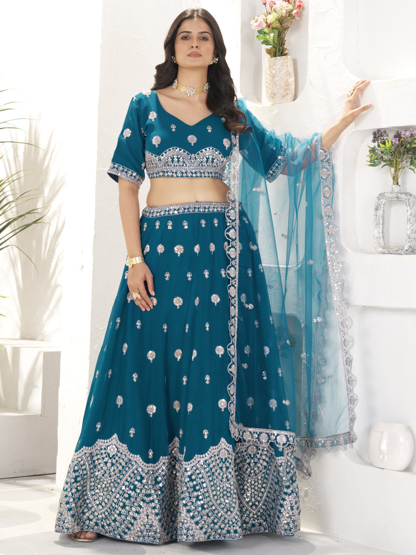Lavishing Blue Embroidered Georgette Wedding Lehenga Choli