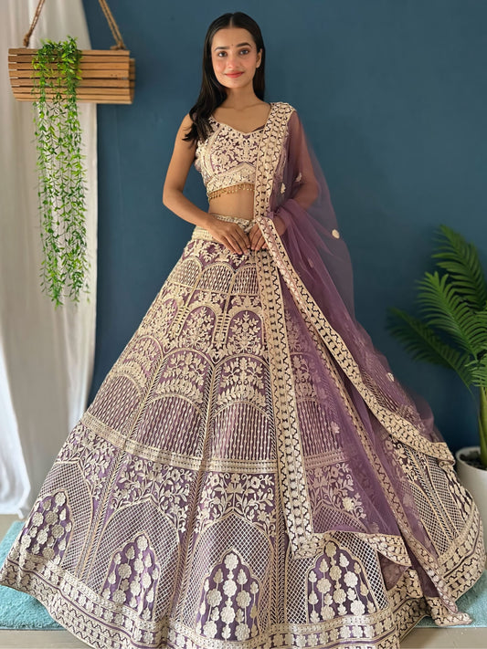 Astonishing Lavender Heavy Embroidered Net Bridesmaid Lehenga Choli