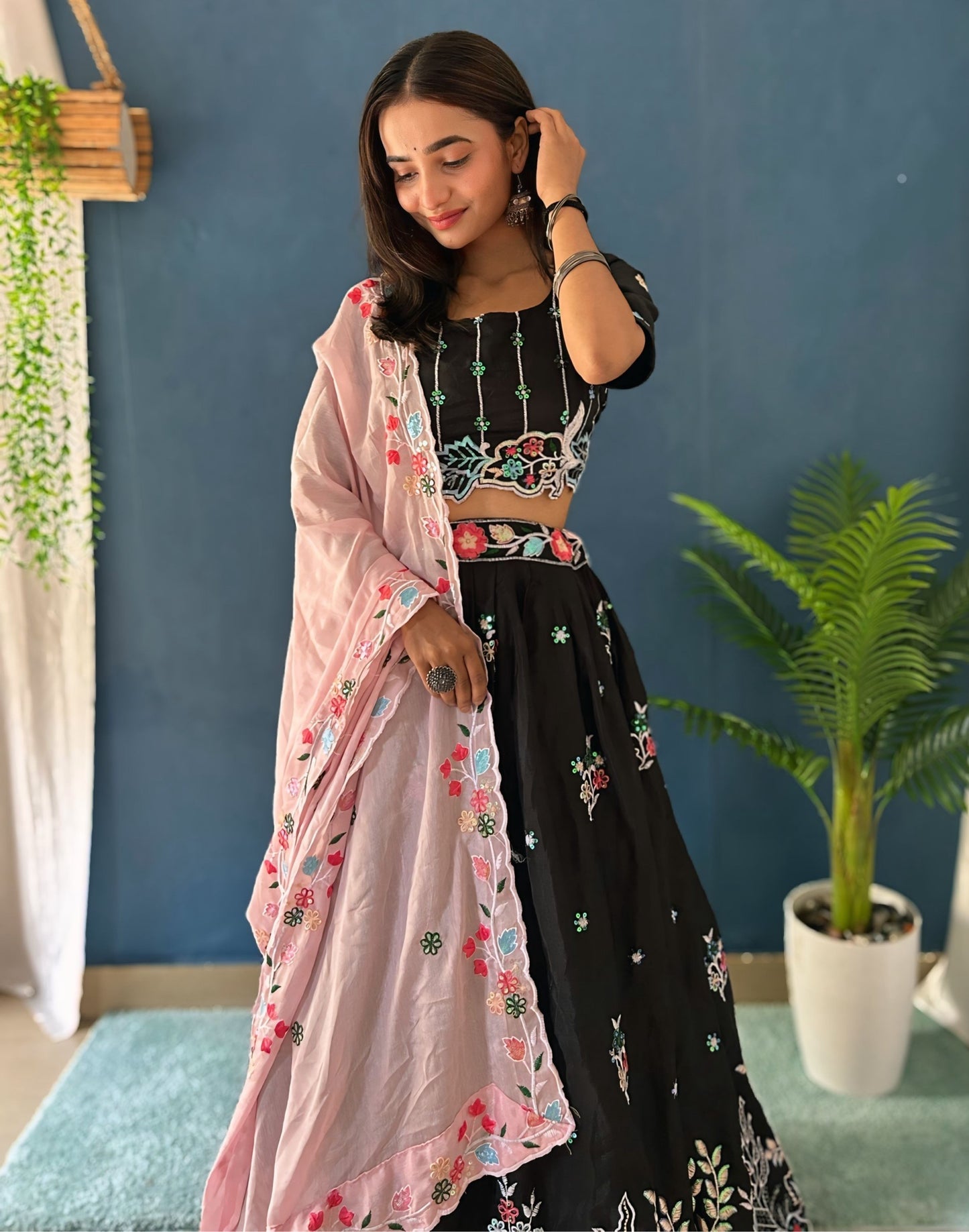Attractive Black Thread Embroidered Chinon Silk Reception Lehenga Choli