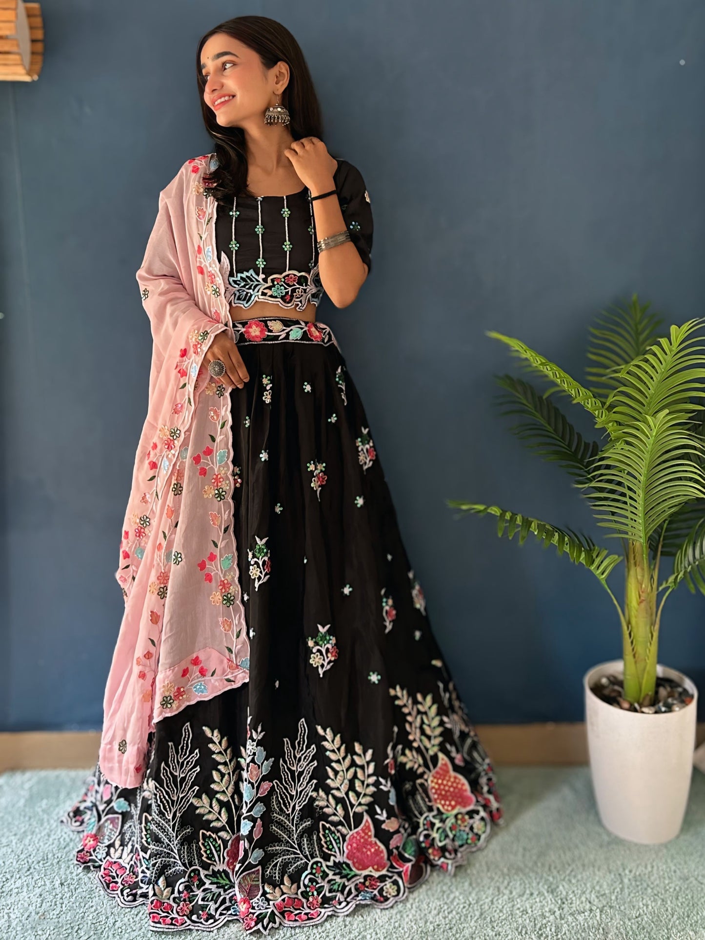 Attractive Black Thread Embroidered Chinon Silk Reception Lehenga Choli