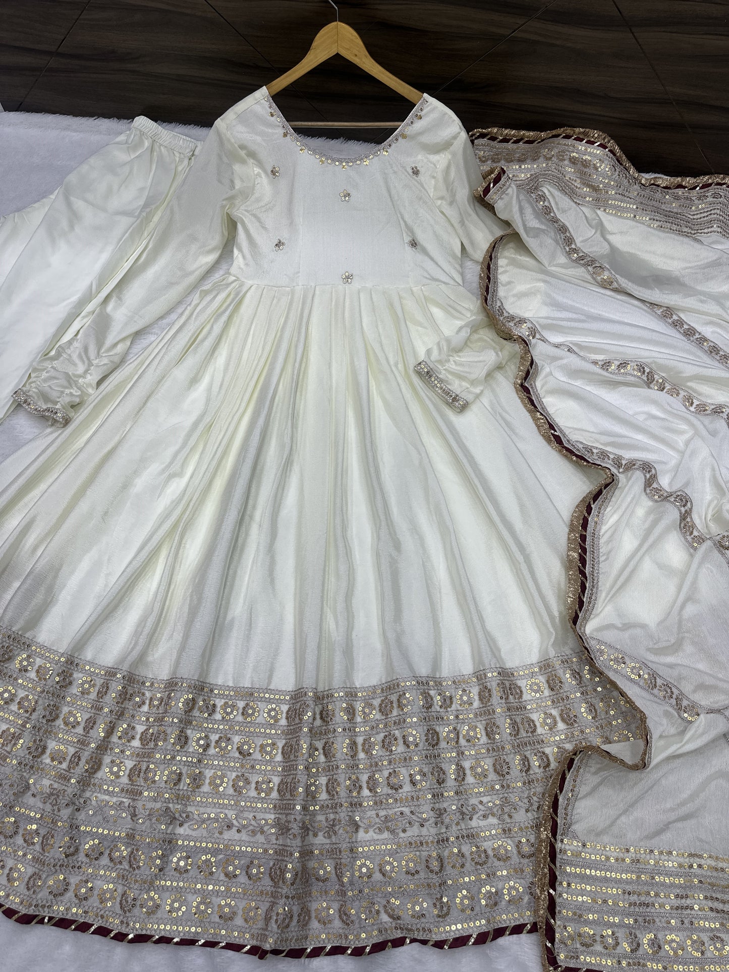 Wonderful Off-White Embroidered Chinon Silk Engagement Gown