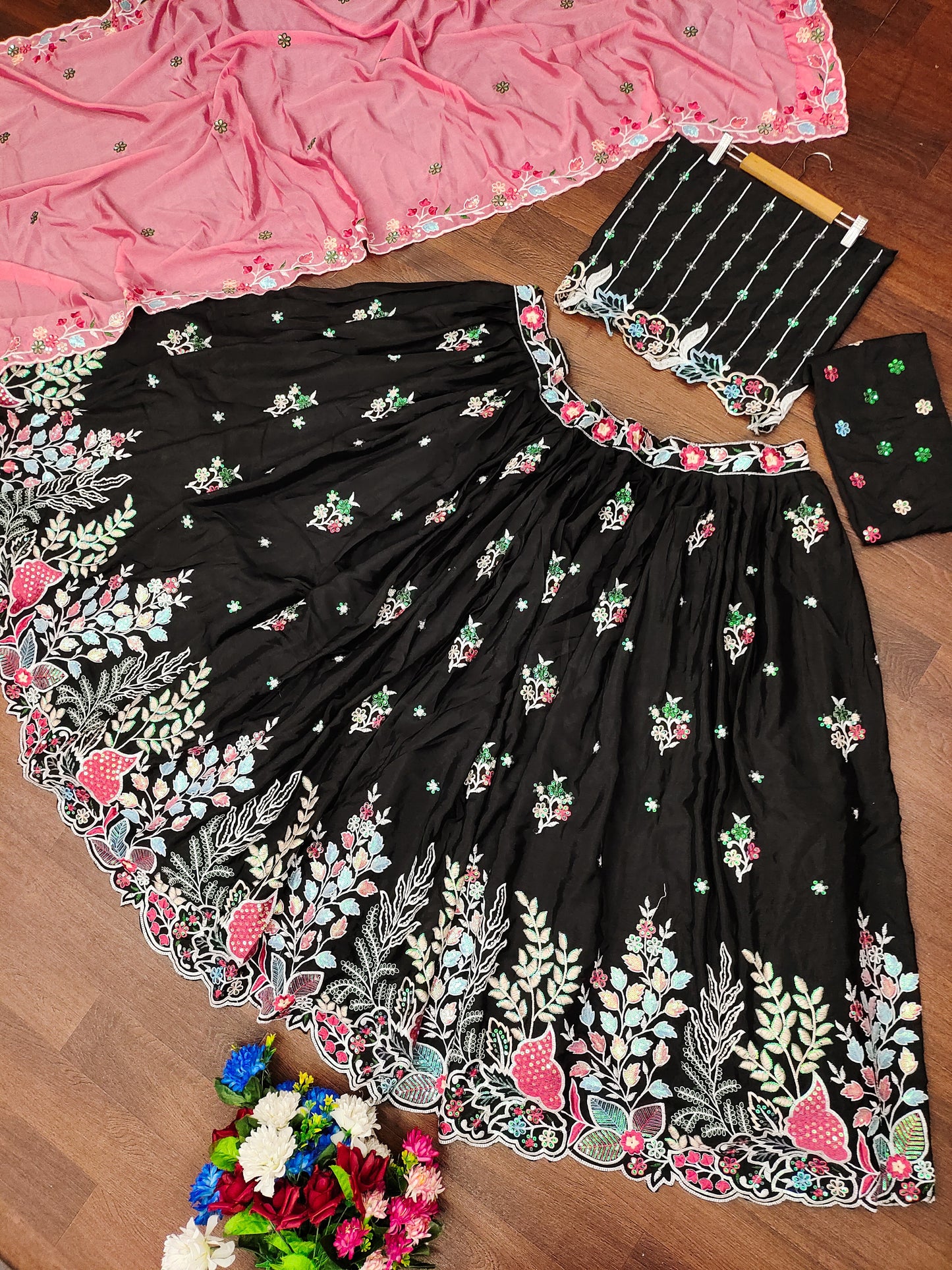 Attractive Black Thread Embroidered Chinon Silk Reception Lehenga Choli