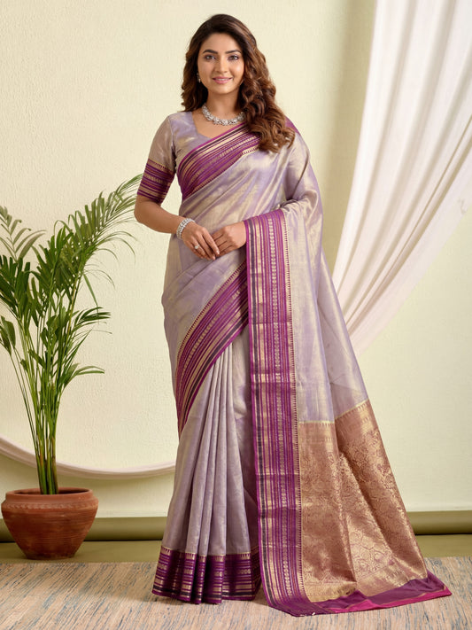 Dazzling  Lavender Digital Printed Tissue Silk Saree With Blouse