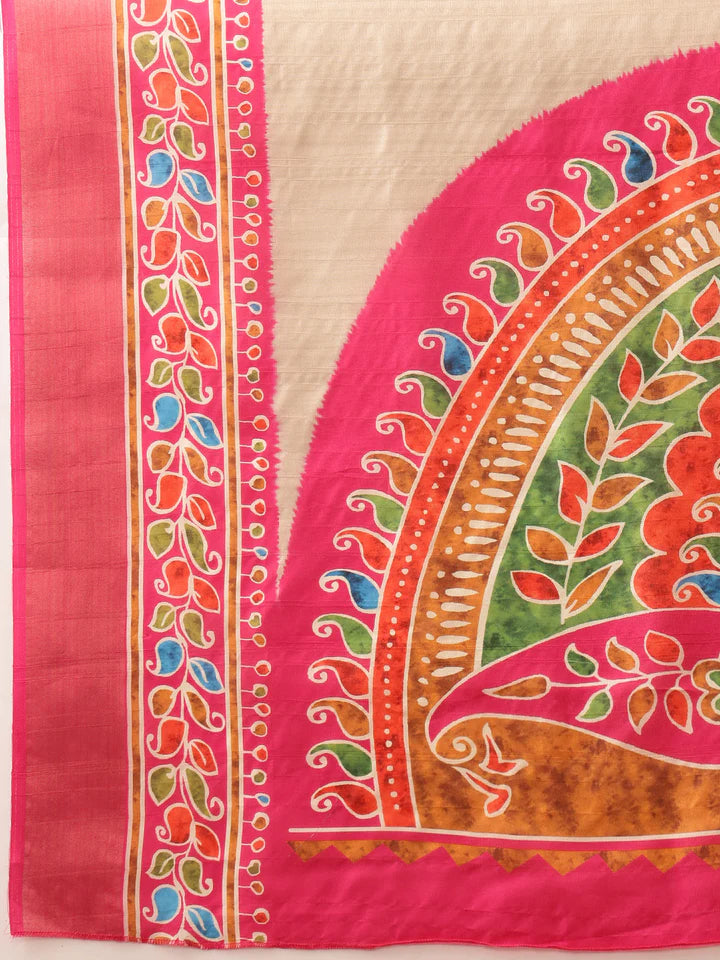 Spectacular Beige Patola Printed Silk Wedding Wear Saree