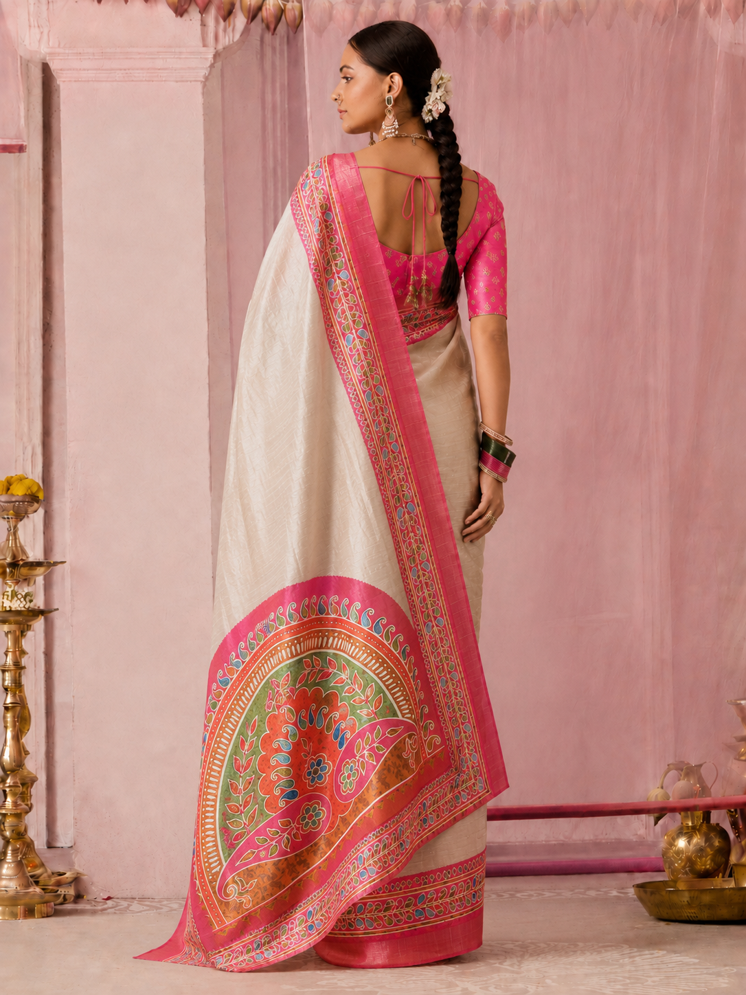 Spectacular Beige Patola Printed Silk Wedding Wear Saree