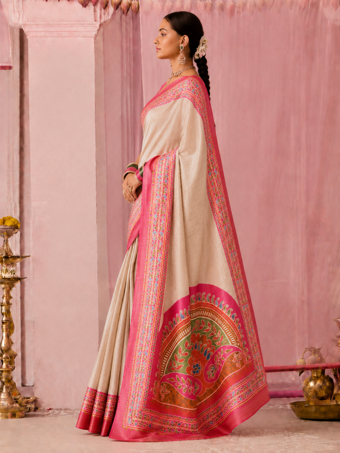 Spectacular Beige Patola Printed Silk Wedding Wear Saree
