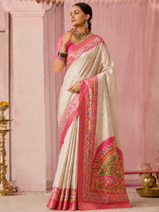 Spectacular Beige Patola Printed Silk Wedding Wear Saree