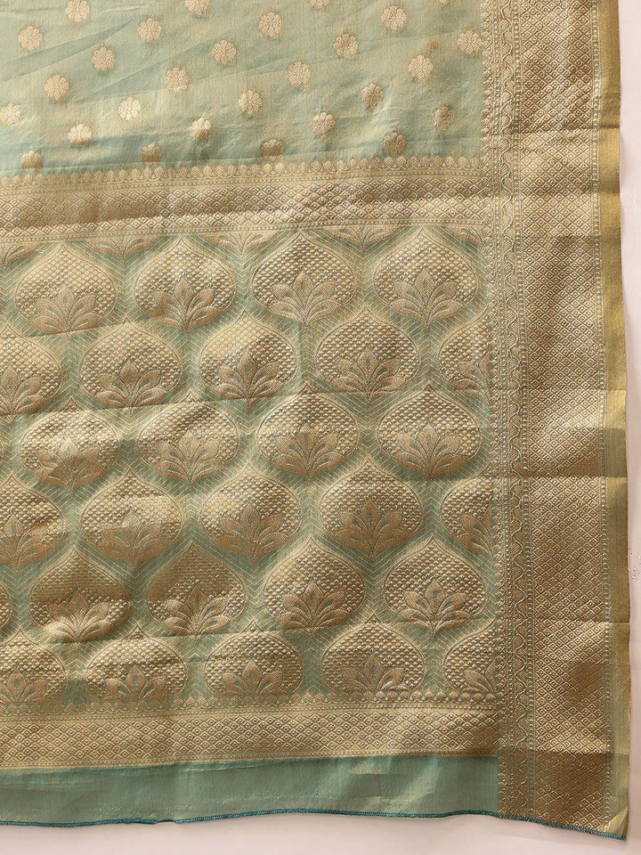 Pretty Turquoise Zari Weaving Tissue Silk Engagement Wear Saree