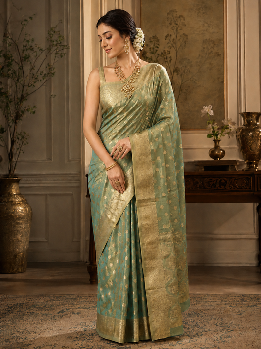 Pretty Turquoise Zari Weaving Tissue Silk Engagement Wear Saree