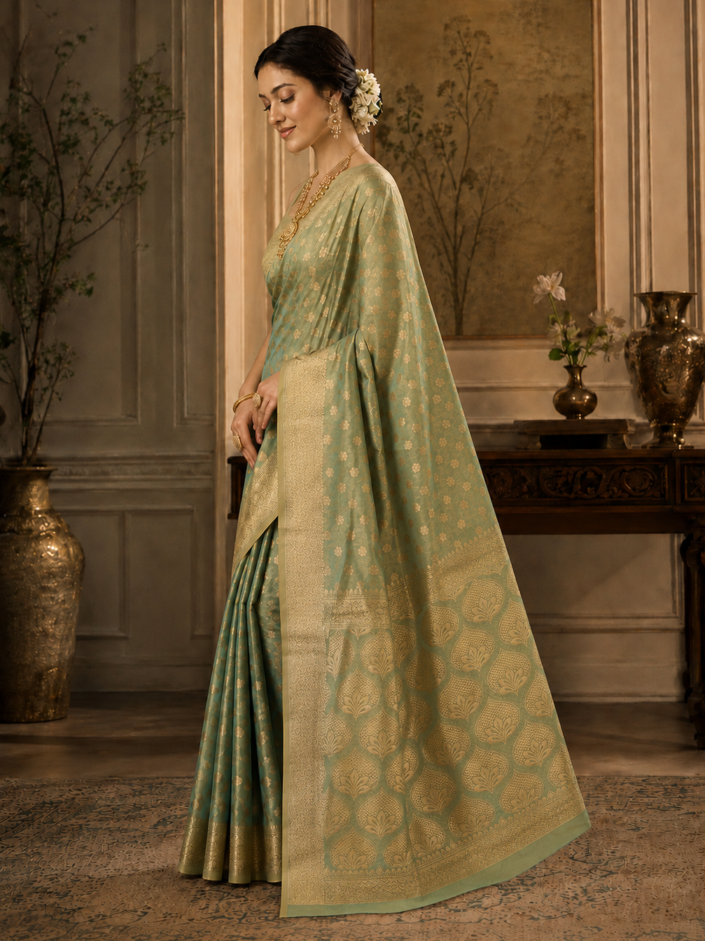 Pretty Turquoise Zari Weaving Tissue Silk Engagement Wear Saree