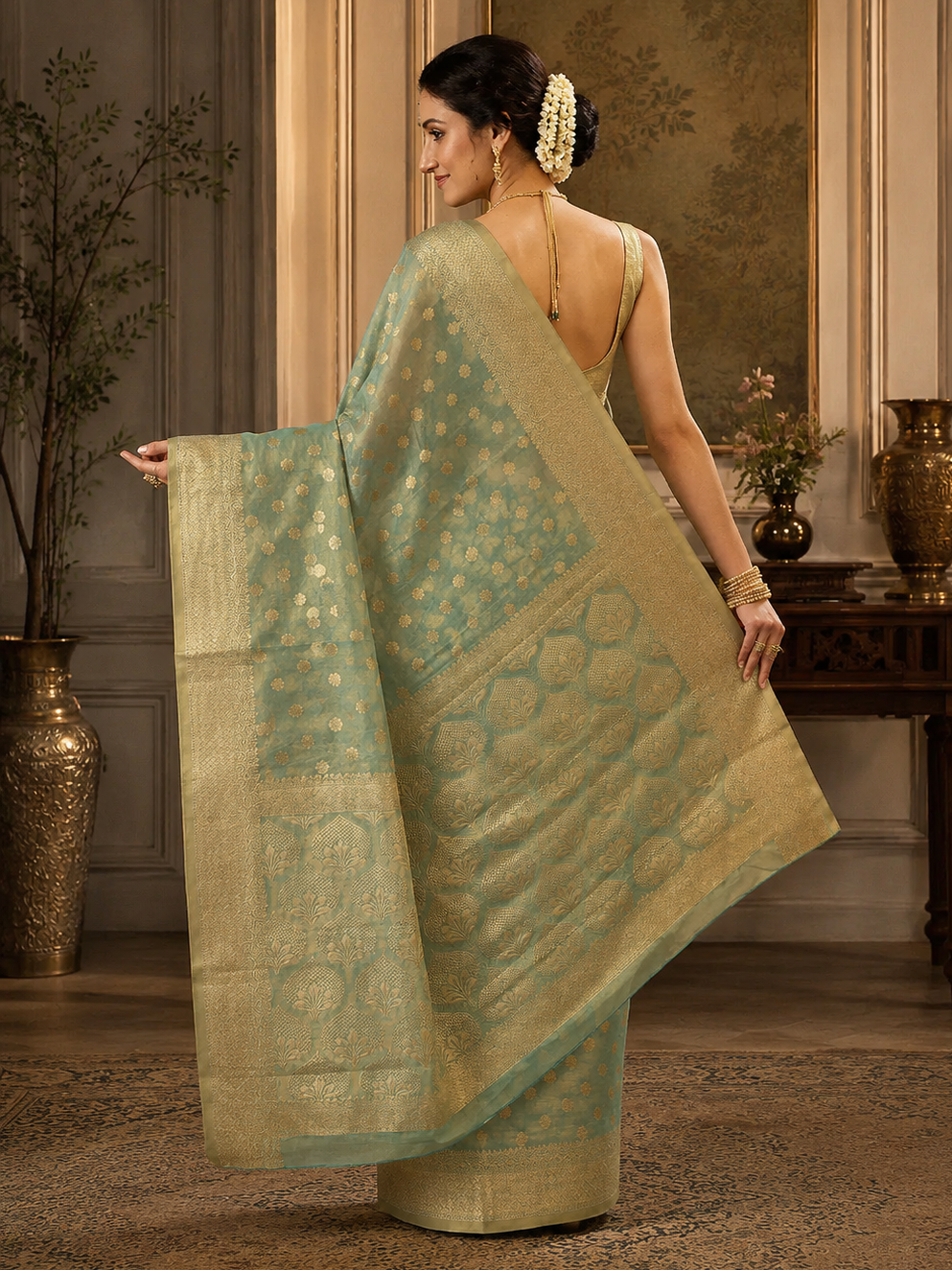 Pretty Turquoise Zari Weaving Tissue Silk Engagement Wear Saree