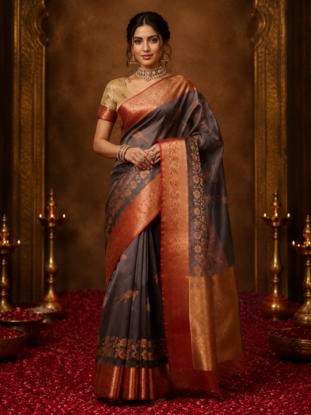 Awesome Dark Grey Zari Weaving Tissue Silk Bridesmaid Saree