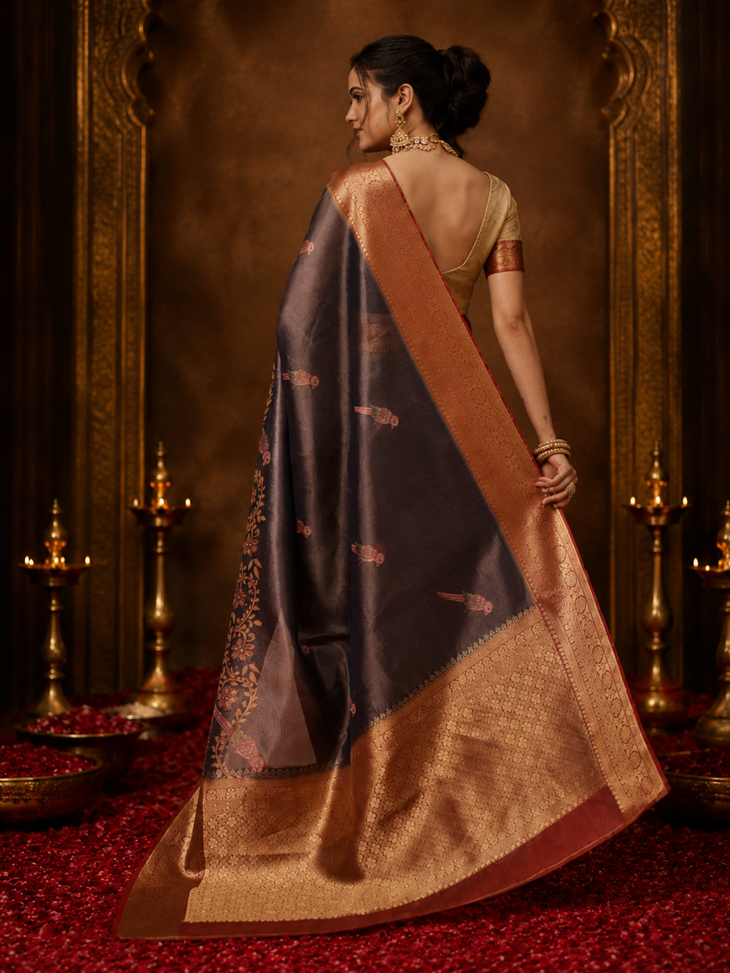 Awesome Dark Grey Zari Weaving Tissue Silk Bridesmaid Saree
