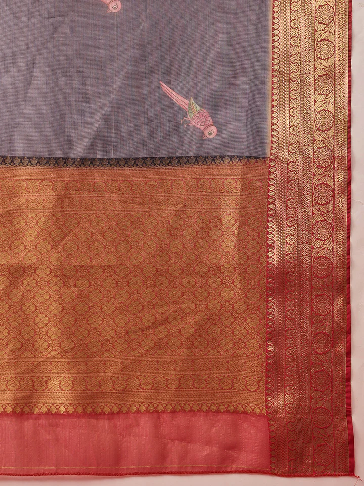 Awesome Dark Grey Zari Weaving Tissue Silk Bridesmaid Saree