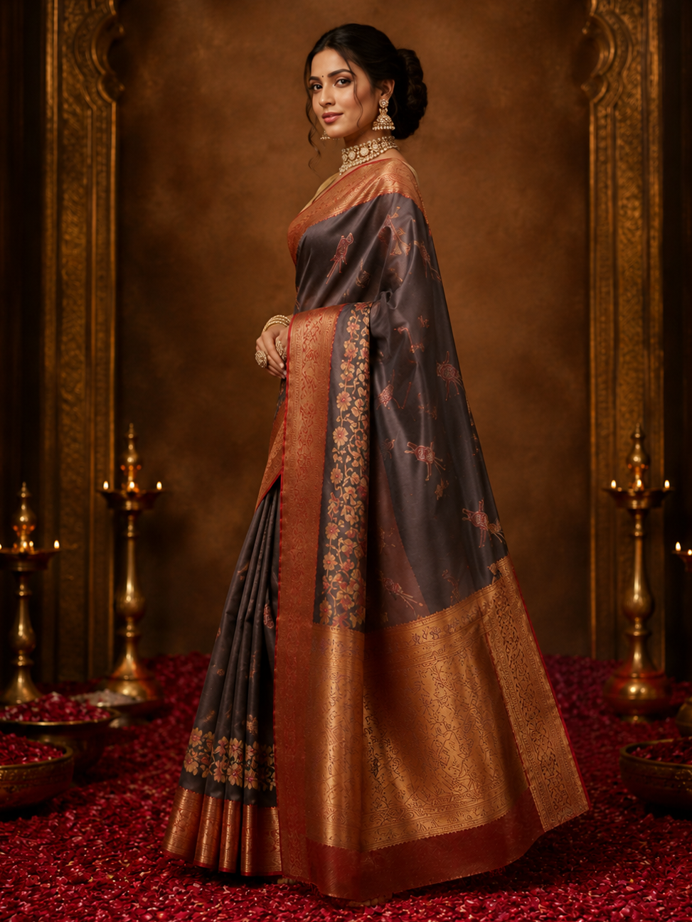 Awesome Dark Grey Zari Weaving Tissue Silk Bridesmaid Saree