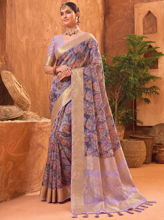 Astonishing Purple Digital Printed Cotton Designer Saree