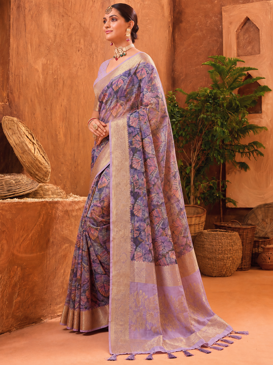 Astonishing Purple Digital Printed Cotton Designer Saree