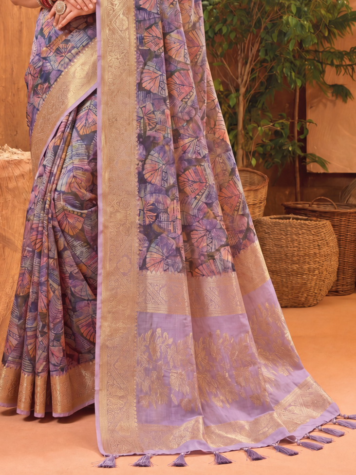 Astonishing Purple Digital Printed Cotton Designer Saree