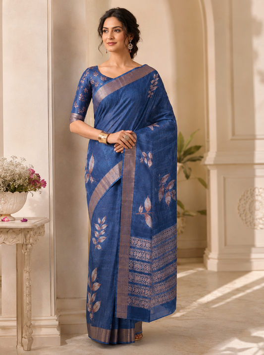 Marvelous Blue Digital Printed Silk Festival Wear Saree