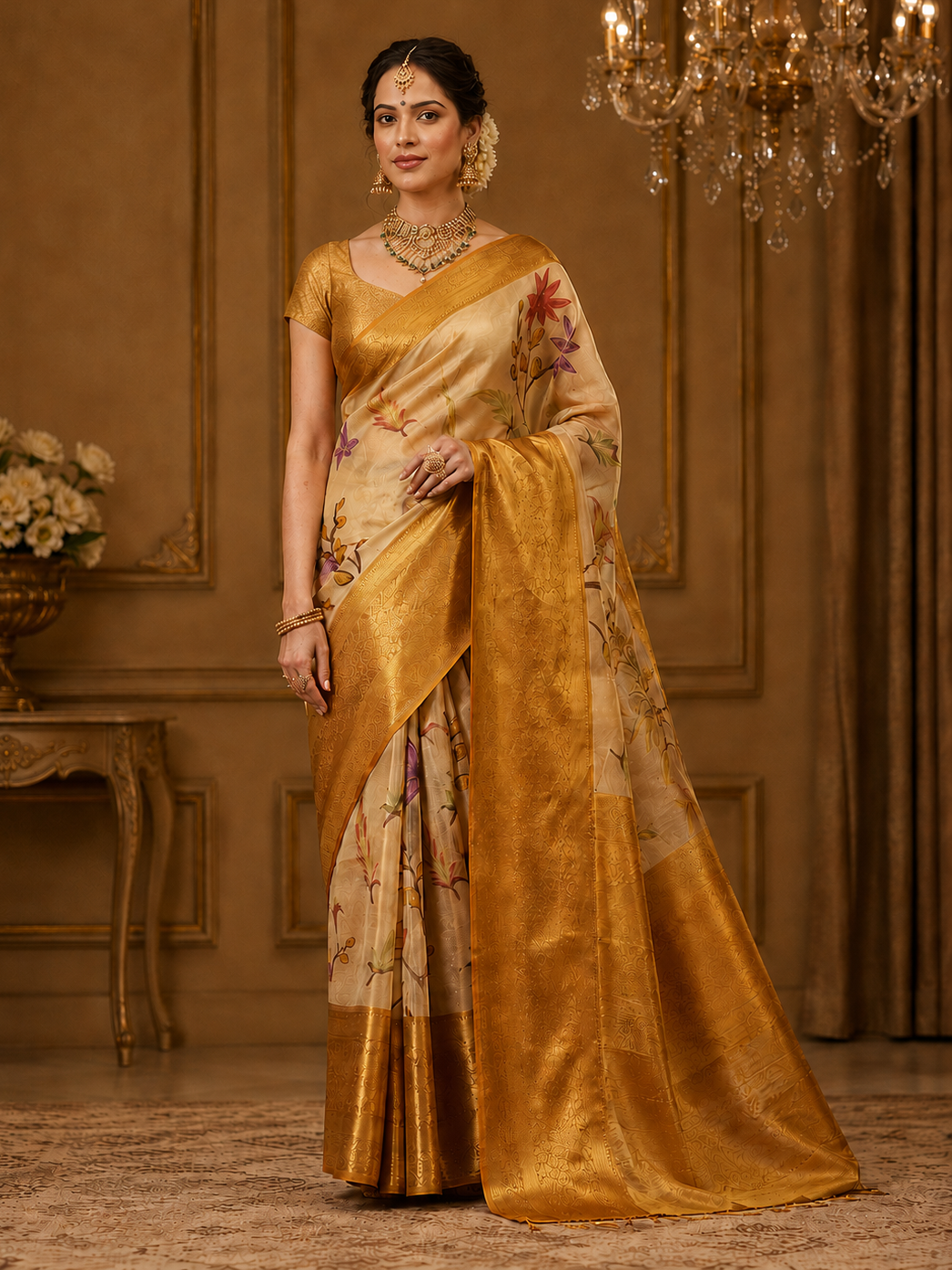 Wonderful Yellow Zari Weaving Tissue Silk Wedding Saree