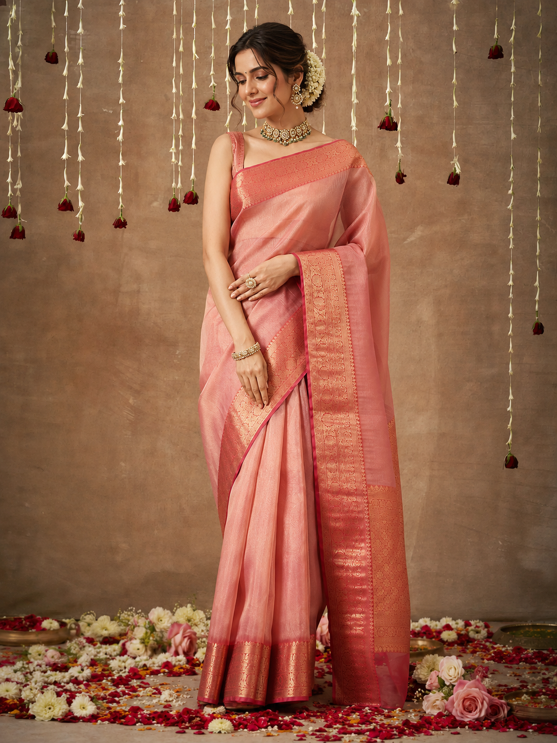 Gorgeous Pink Zari Weaving Tissue Silk Reception Saree