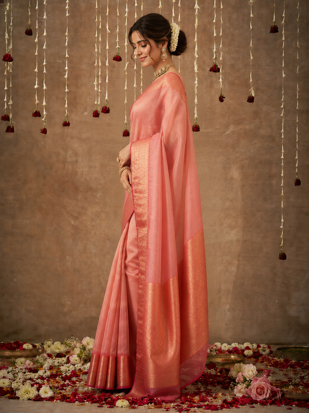 Gorgeous Pink Zari Weaving Tissue Silk Reception Saree