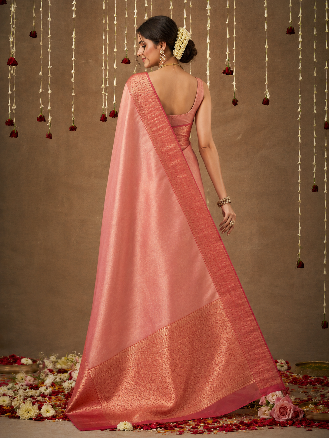 Gorgeous Pink Zari Weaving Tissue Silk Reception Saree