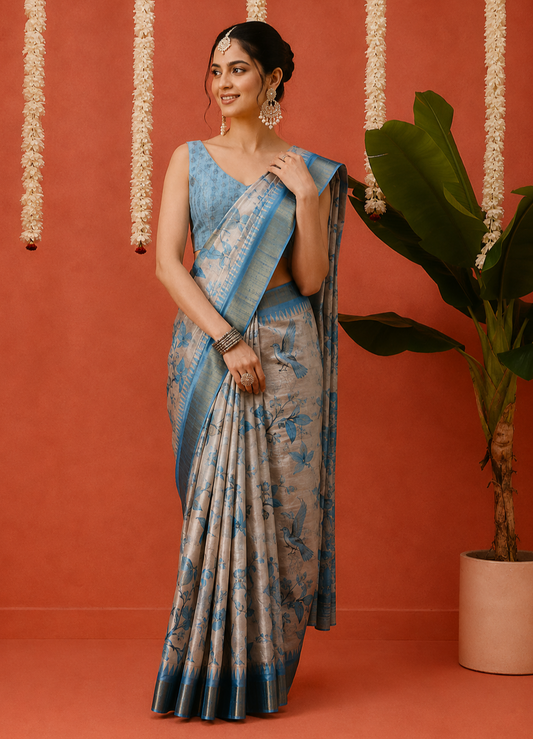 Gorgeous White & Blue Digital Printed Silk Festival Saree