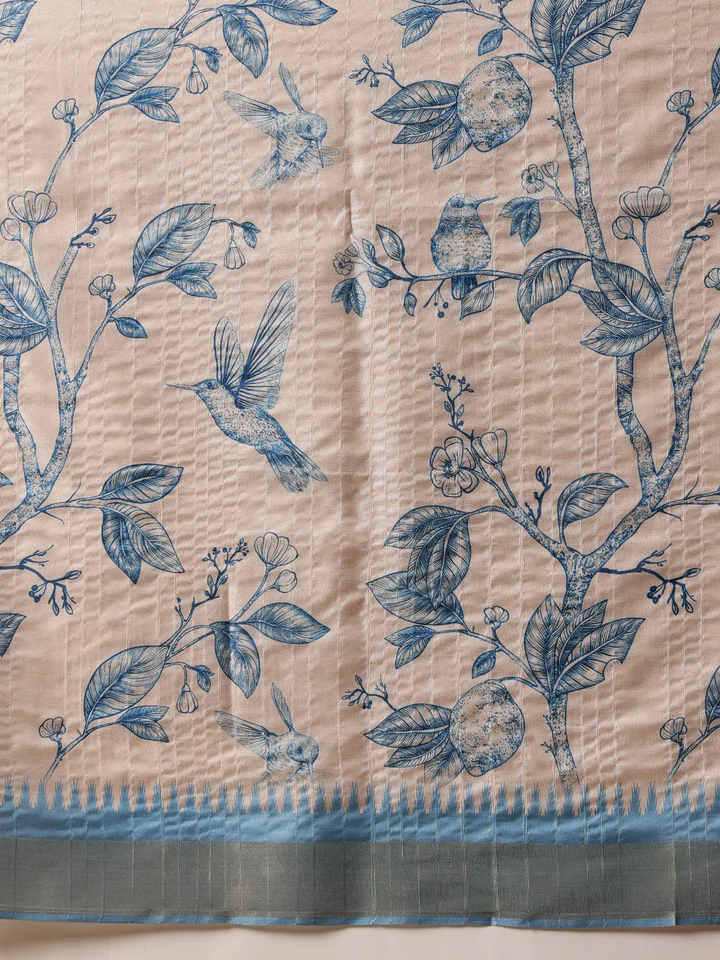 Gorgeous White & Blue Digital Printed Silk Festival Saree
