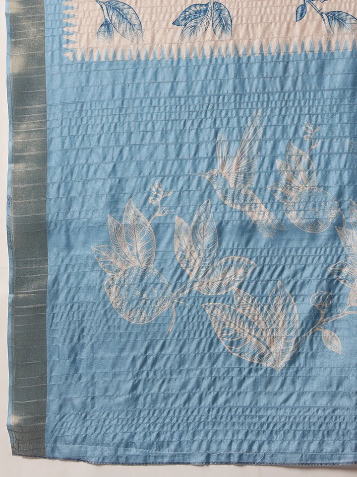 Gorgeous White & Blue Digital Printed Silk Festival Saree