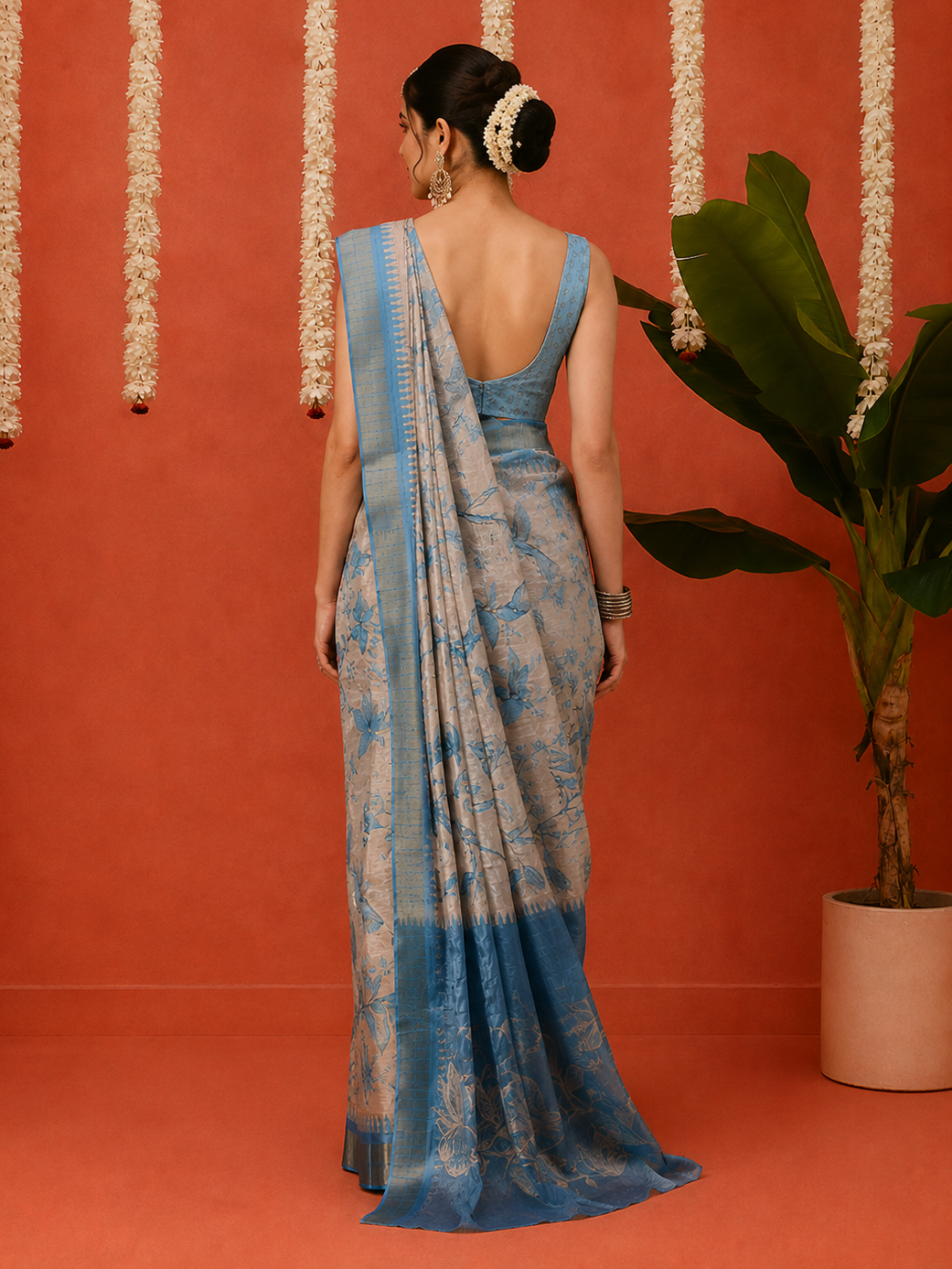 Gorgeous White & Blue Digital Printed Silk Festival Saree