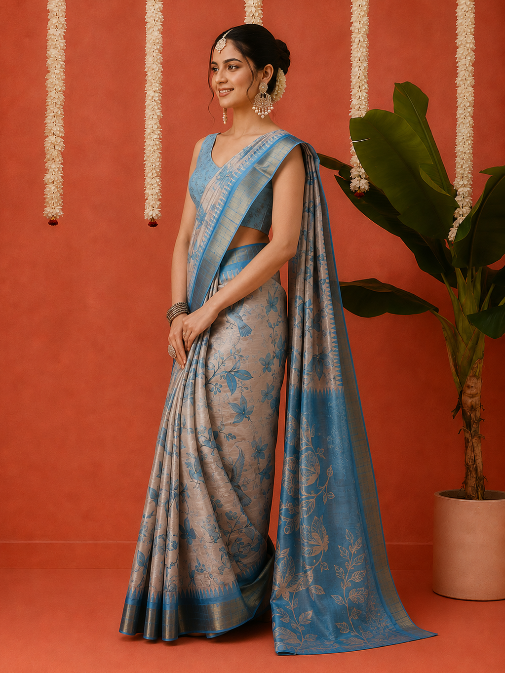 Gorgeous White & Blue Digital Printed Silk Festival Saree