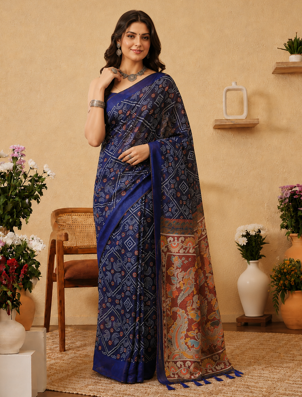 Bewitching Blue Bandhani Printed Cotton Navratri Wear Saree