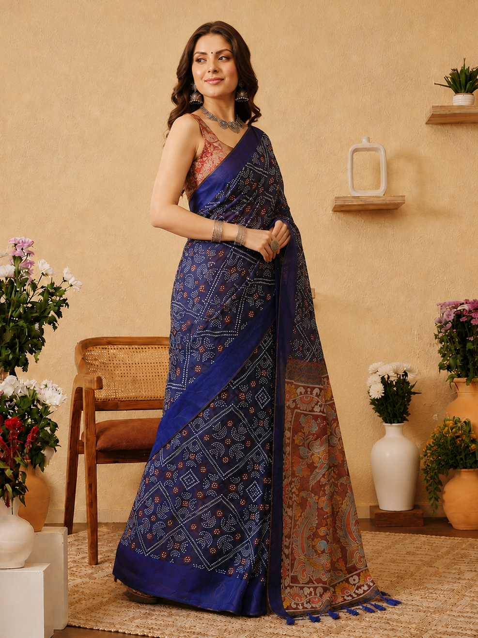 Bewitching Blue Bandhani Printed Cotton Navratri Wear Saree