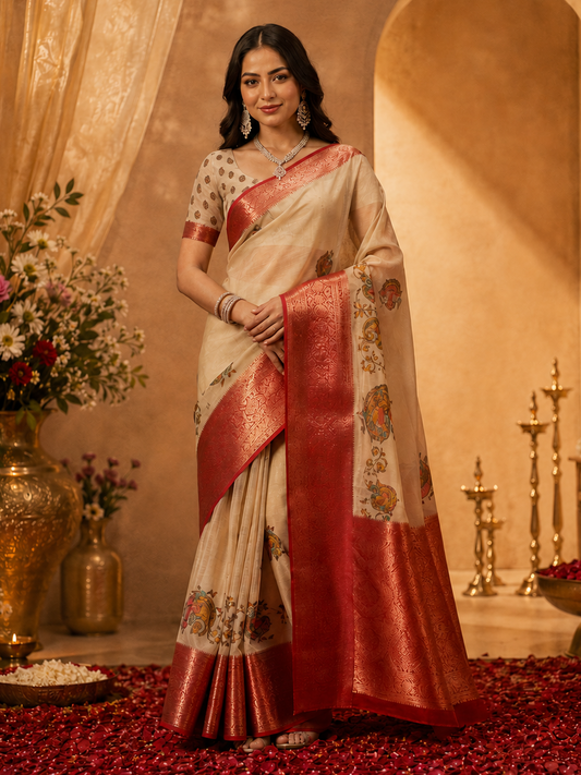 Captivating Beige Zari Weaving Muslin Silk Wedding Saree