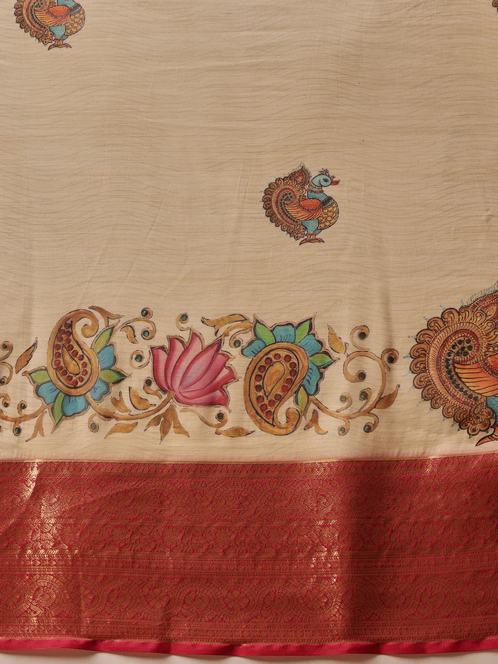 Captivating Beige Zari Weaving Muslin Silk Wedding Saree