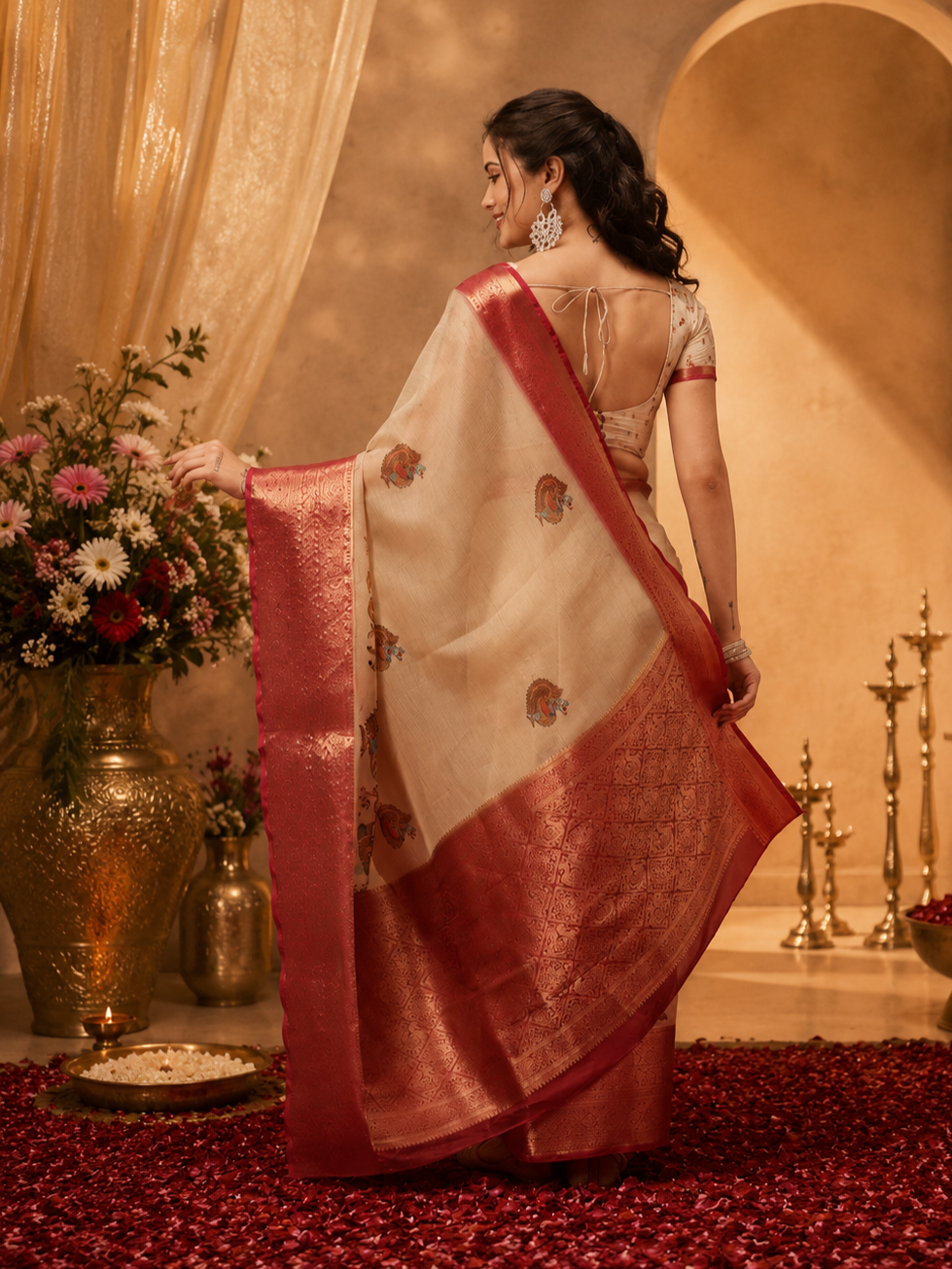 Captivating Beige Zari Weaving Muslin Silk Wedding Saree