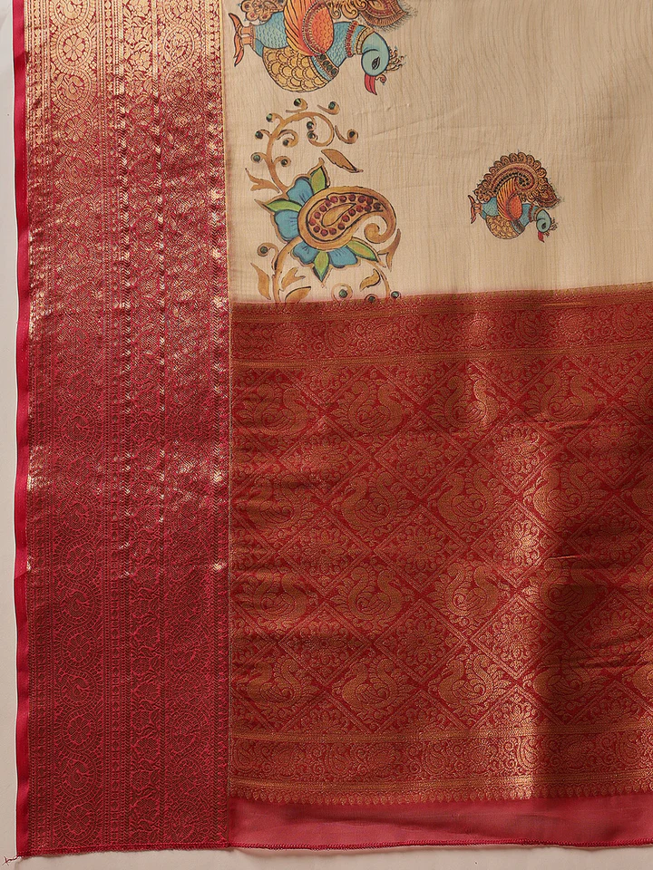 Captivating Beige Zari Weaving Muslin Silk Wedding Saree